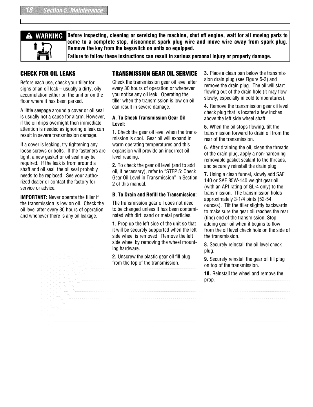 Troy-Bilt 664DM, E666MM manual Checkforoil Leaks, TRANSMISSIONGEAR01LSERVICE, To CheckTransmissionGear Oil Level 