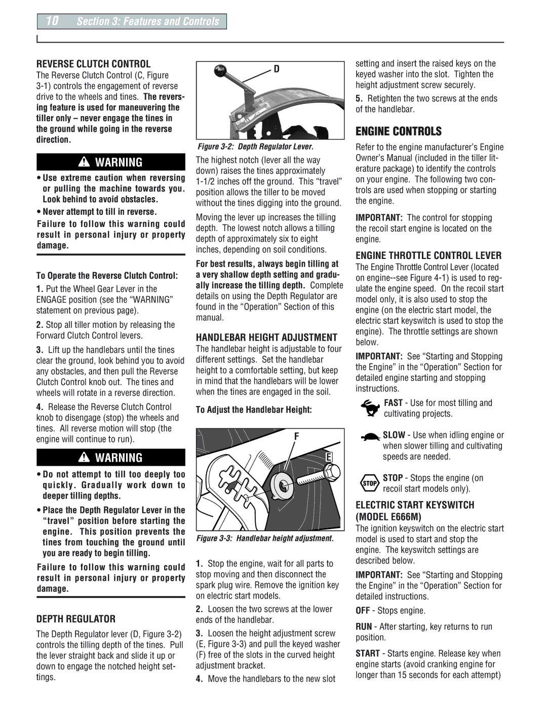 Troy-Bilt 664Dpony, 665B Pro-line manual Engine Controls, Features and Controls, Reverse Clutch Control, Depth Regulator 