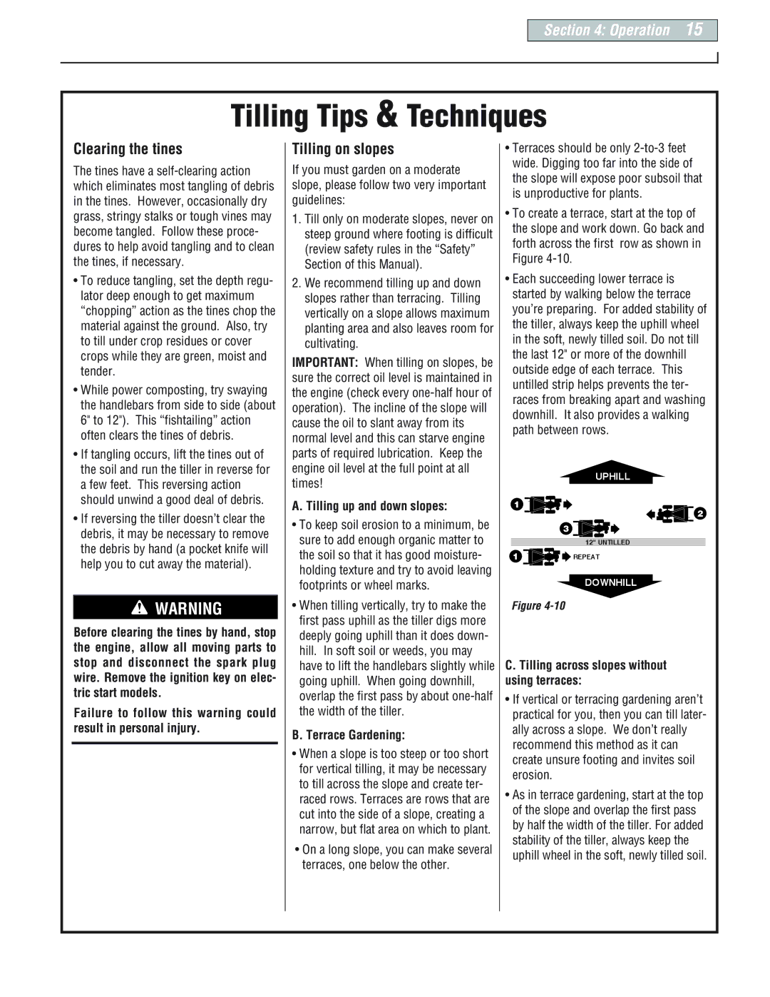 Troy-Bilt 665B Pro-line manual Tilling up and down slopes, Terrace Gardening, Tilling across slopes without using terraces 