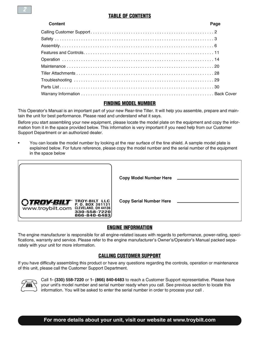 Troy-Bilt E66M PonyES, 665B Pro-line Table of Contents, Finding Model Number, Engine Information, Calling Customer Support 