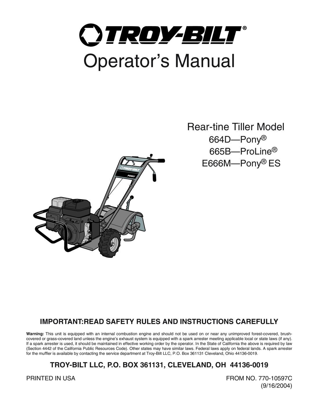 Troy-Bilt 664Dpony manual Importantread Safety Rules And Instructions Carefully, Operator’s Manual, Rear-tine Tiller Model 