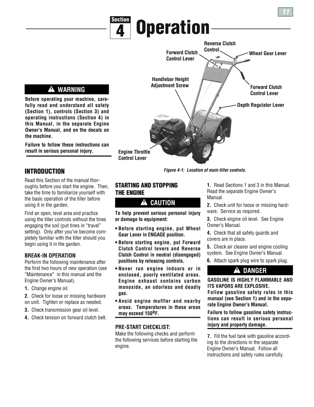 Troy-Bilt E66M PonyES manual Starting And Stopping The Engine, Break-In Operation, Pre-Start Checklist, Reverse Clutch 