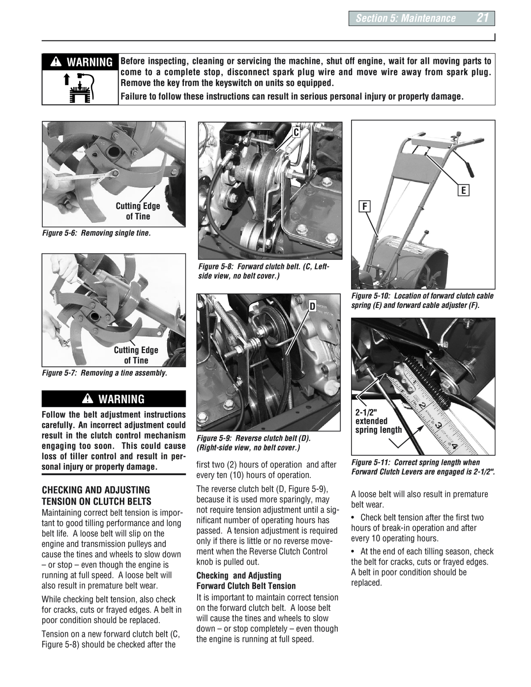 Troy-Bilt 665B Pro-line, 664Dpony Cutting Edge of Tine, Checking and Adjusting Forward Clutch Belt Tension, Maintenance 