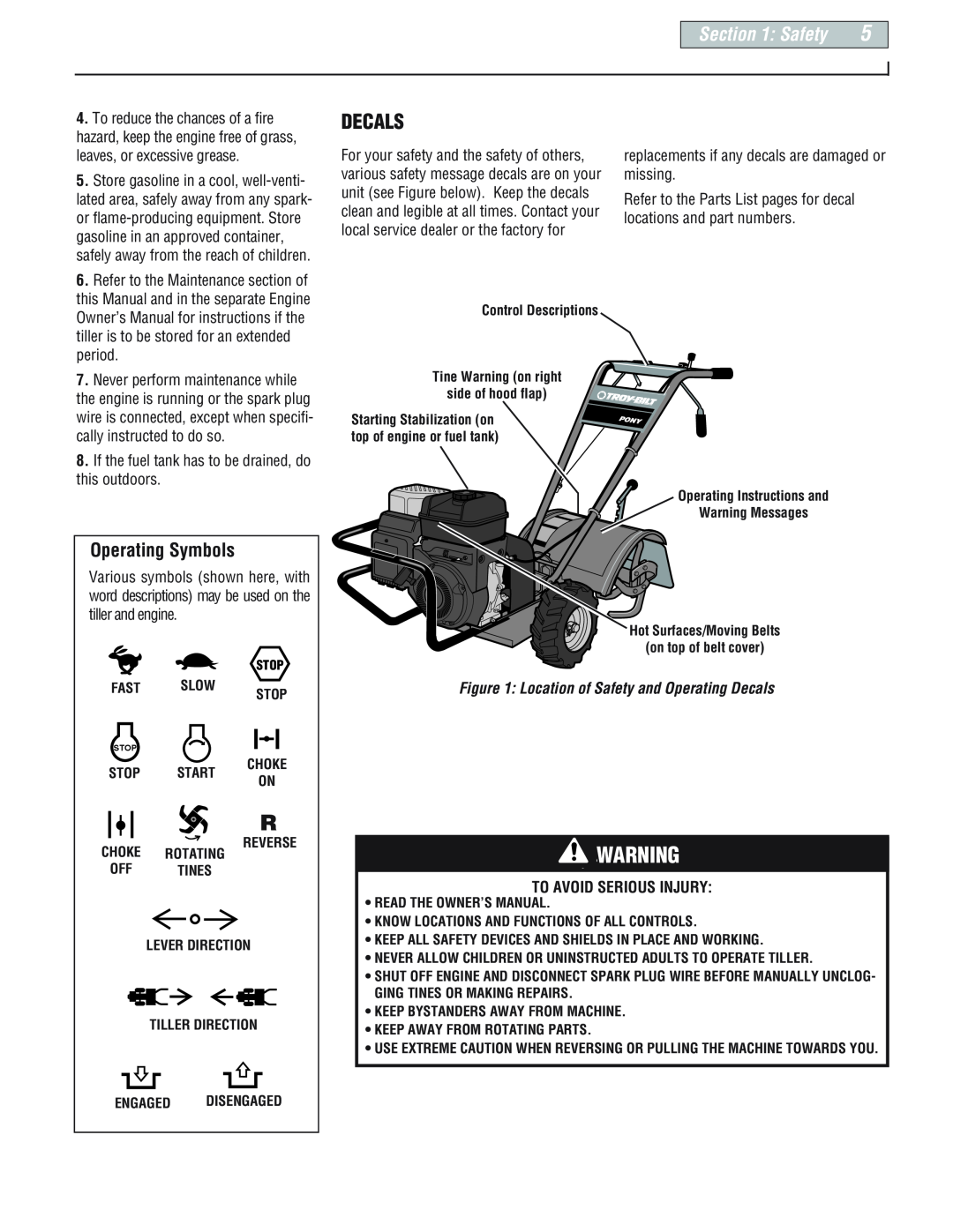 Troy-Bilt E66M PonyES manual Operating Symbols, Location of Safety and Operating Decals, To Avoid Serious Injury 