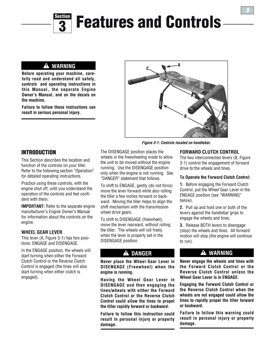 Troy-Bilt 665B Pro-line manual Features and Controls, Danger, Wheel Gear Lever, Forward Clutch Control, A C B, Introduction 