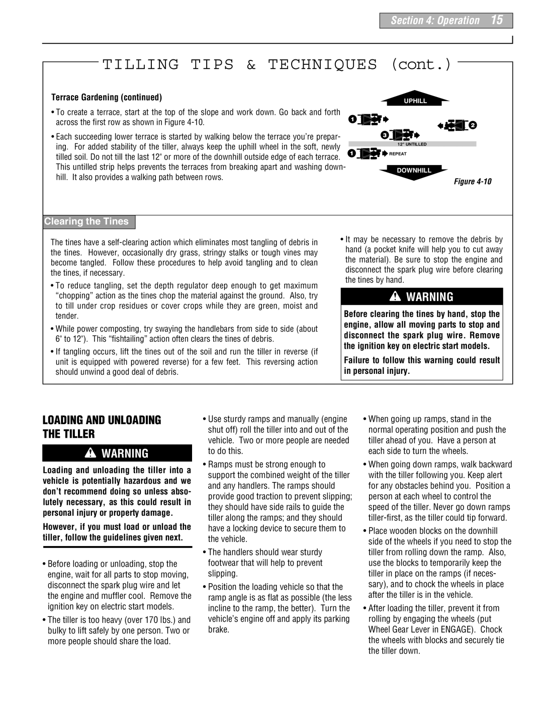 Troy-Bilt 665B manual Clearing the Tines, Loading and Unloading the Tiller 