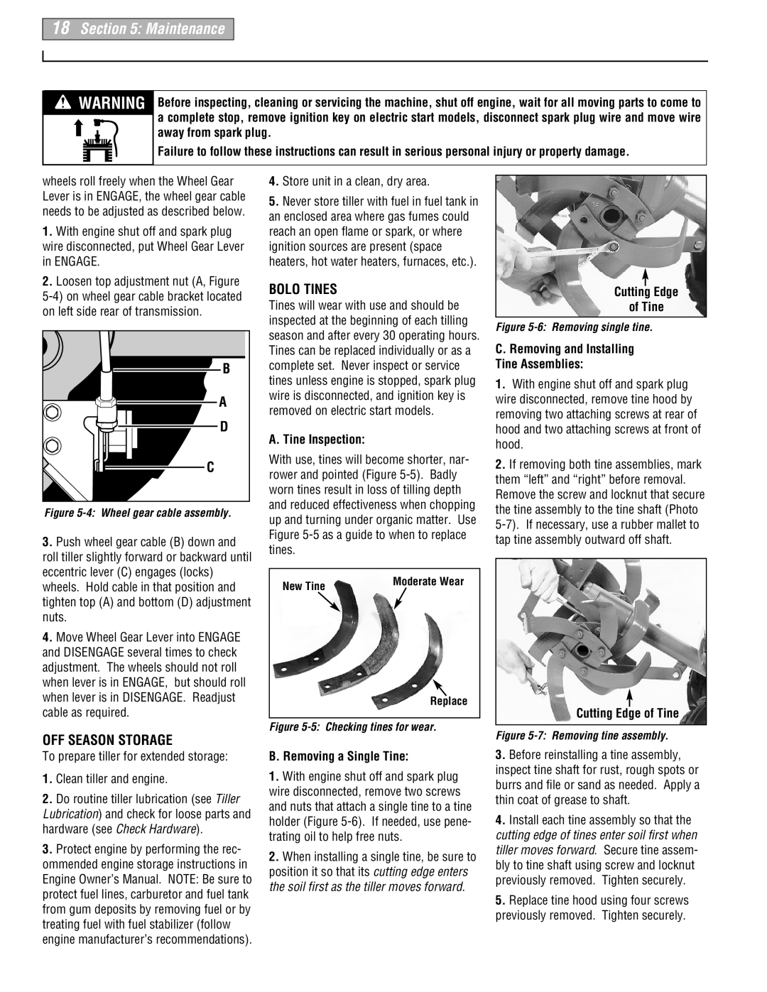 Troy-Bilt 665B manual OFF Season Storage, Bolo Tines 