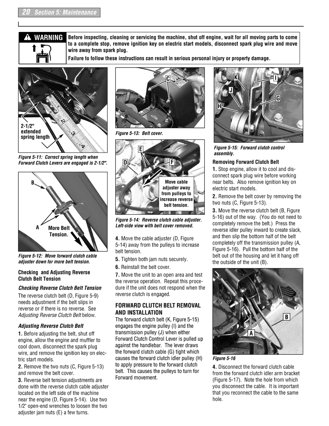 Troy-Bilt 665B manual Checking and Adjusting Reverse Clutch Belt Tension, Removing Forward Clutch Belt 