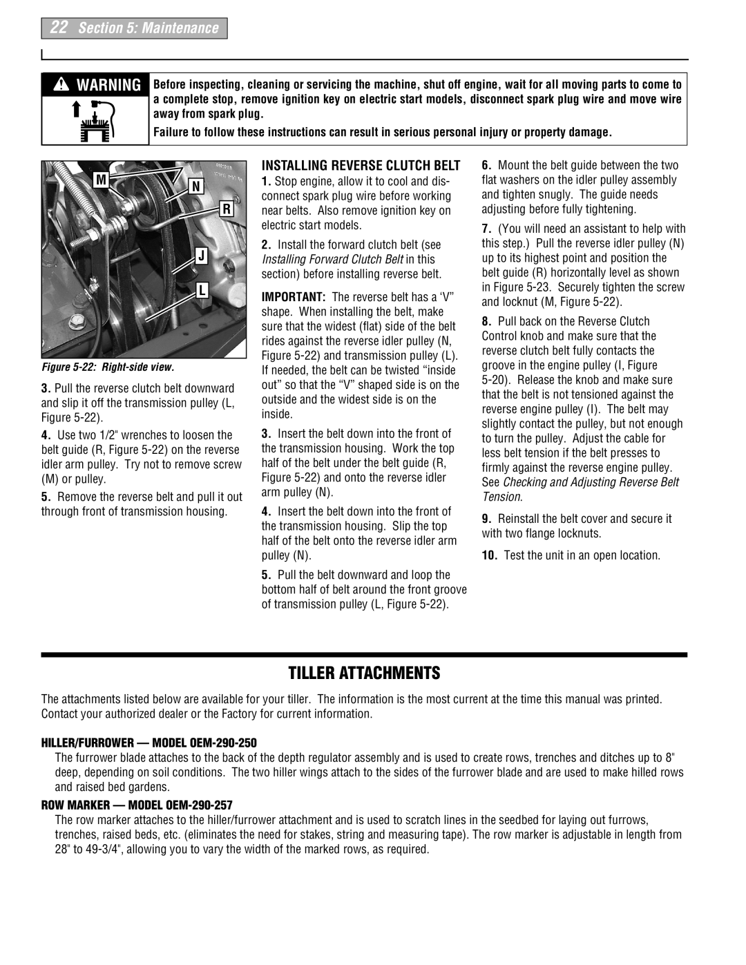 Troy-Bilt 665B Or pulley, Installing Reverse Clutch Belt, HILLER/FURROWER Model OEM-290-250, ROW Marker Model OEM-290-257 