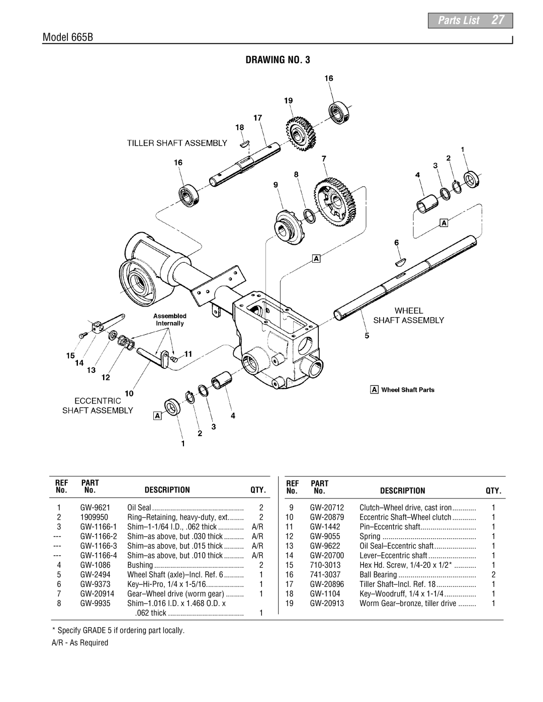 Troy-Bilt 665B manual GW-9621 Oil Seal 1909950 