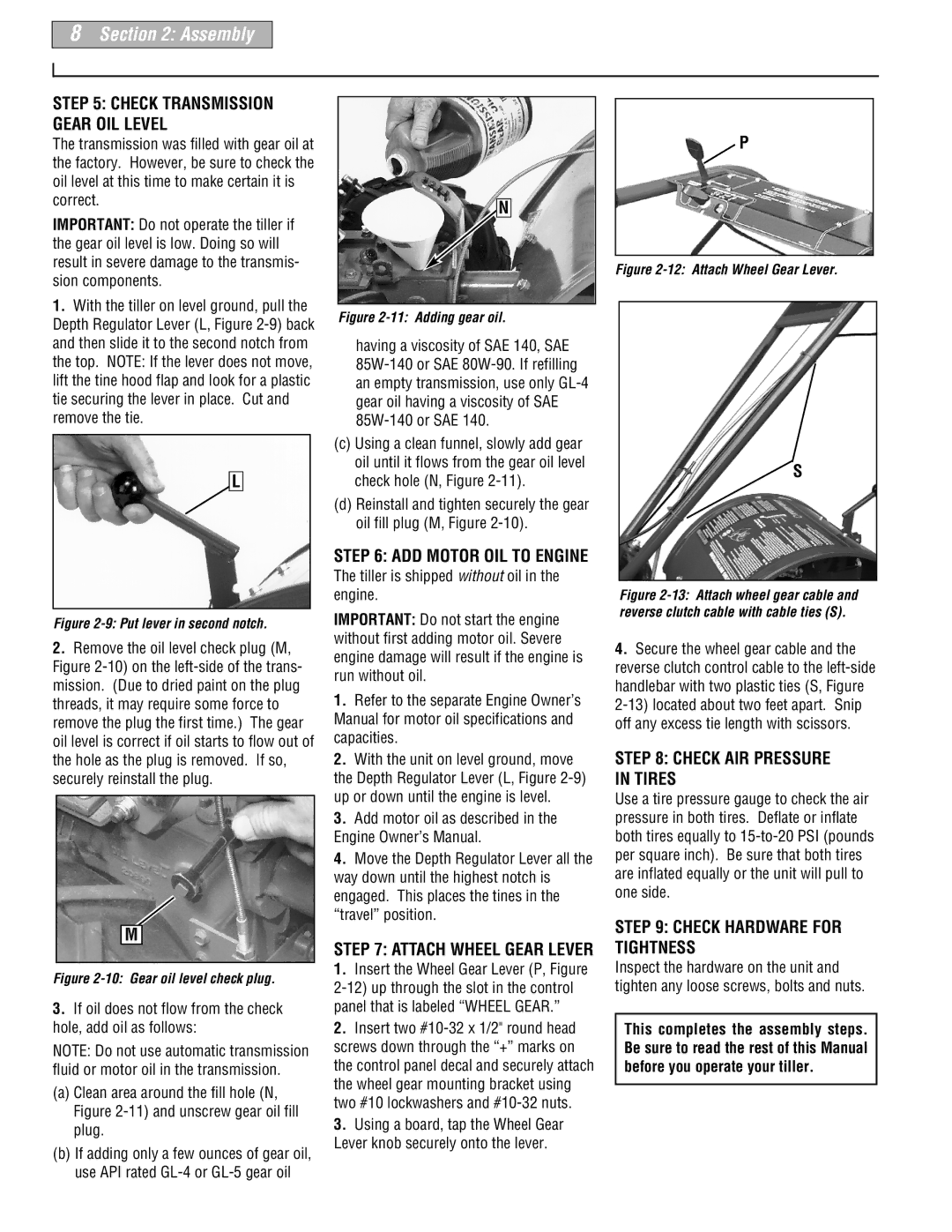 Troy-Bilt 665B Check AIR Pressure in Tires, ADD Motor OIL to Engine, Attach Wheel Gear Lever, Secure the wheel gear cable 