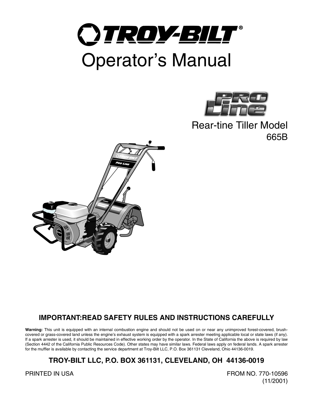 Troy-Bilt 665B manual TROY-BILTLLC, P.O. BOX 361131, CLEVELAND, OH, From No, 11/2001, Operator’s Manual 