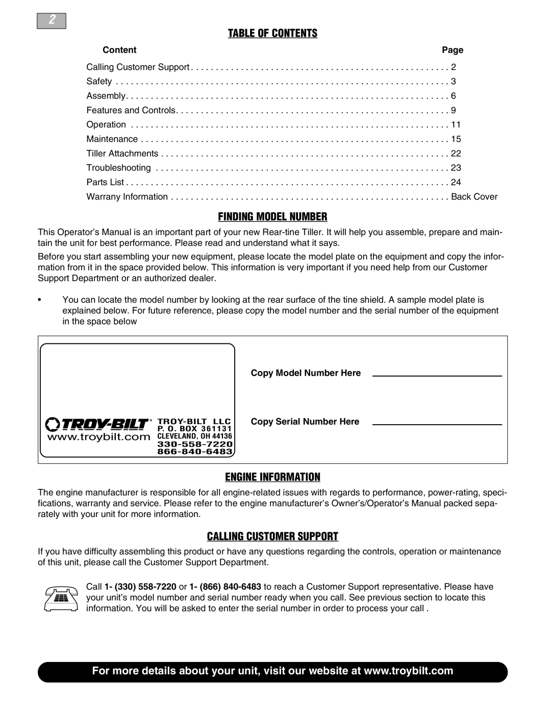 Troy-Bilt 665B manual Table Of Contents, Finding Model Number, Engine Information, Calling Customer Support 