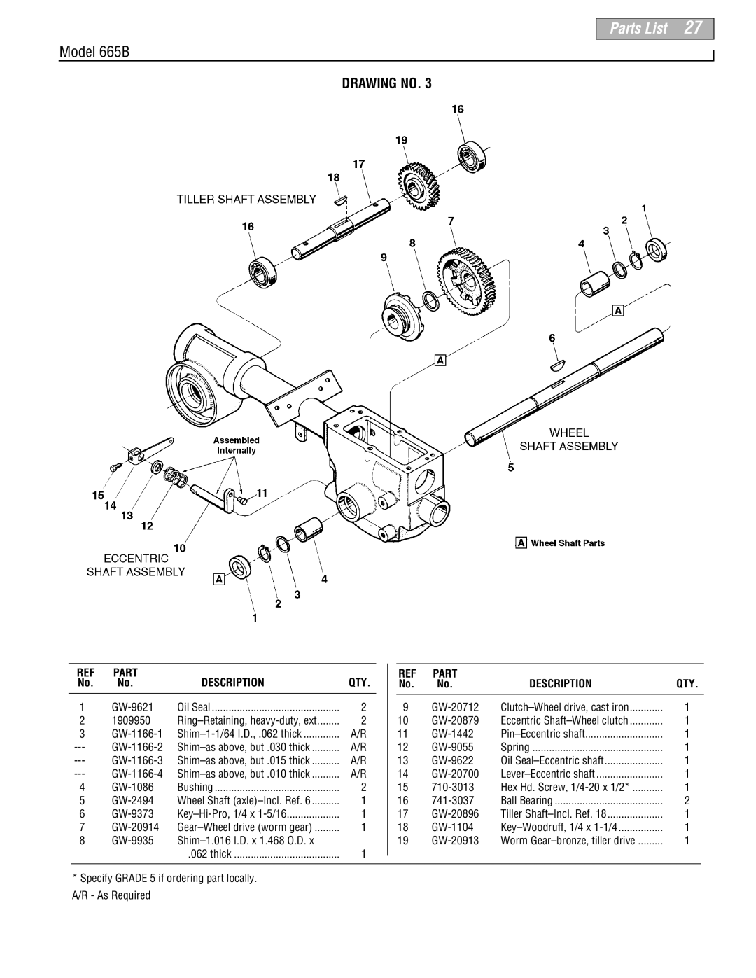 Troy-Bilt manual Parts List, Model 665B, Drawing No, GW-9621 