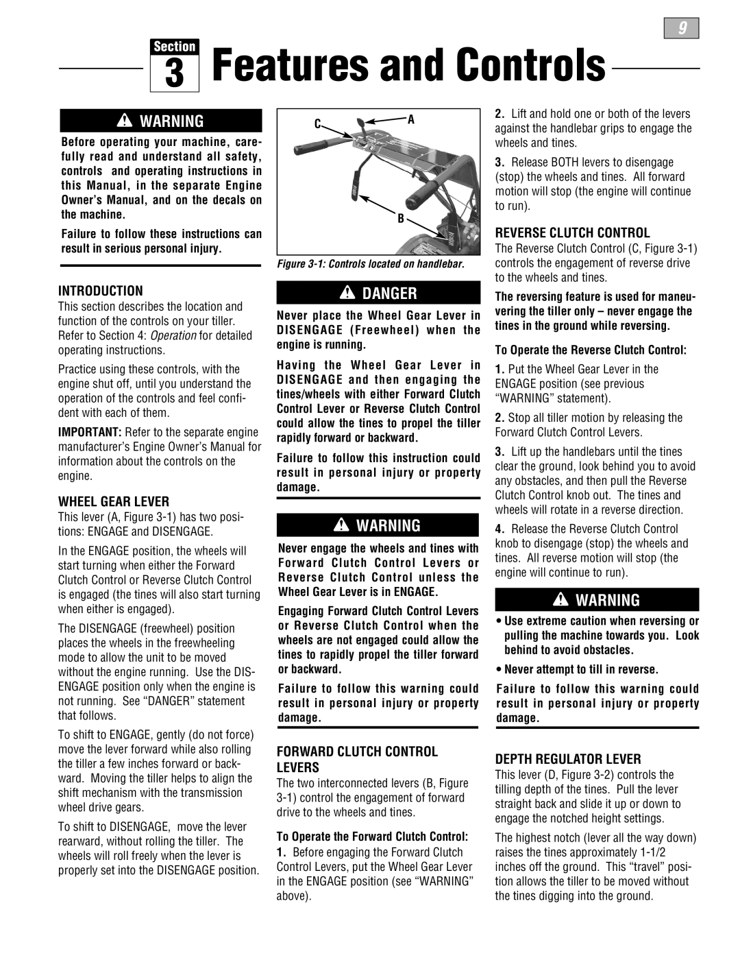 Troy-Bilt 665B manual Features and Controls, Danger, Introduction, Wheel Gear Lever, Reverse Clutch Control, C A B, Section 