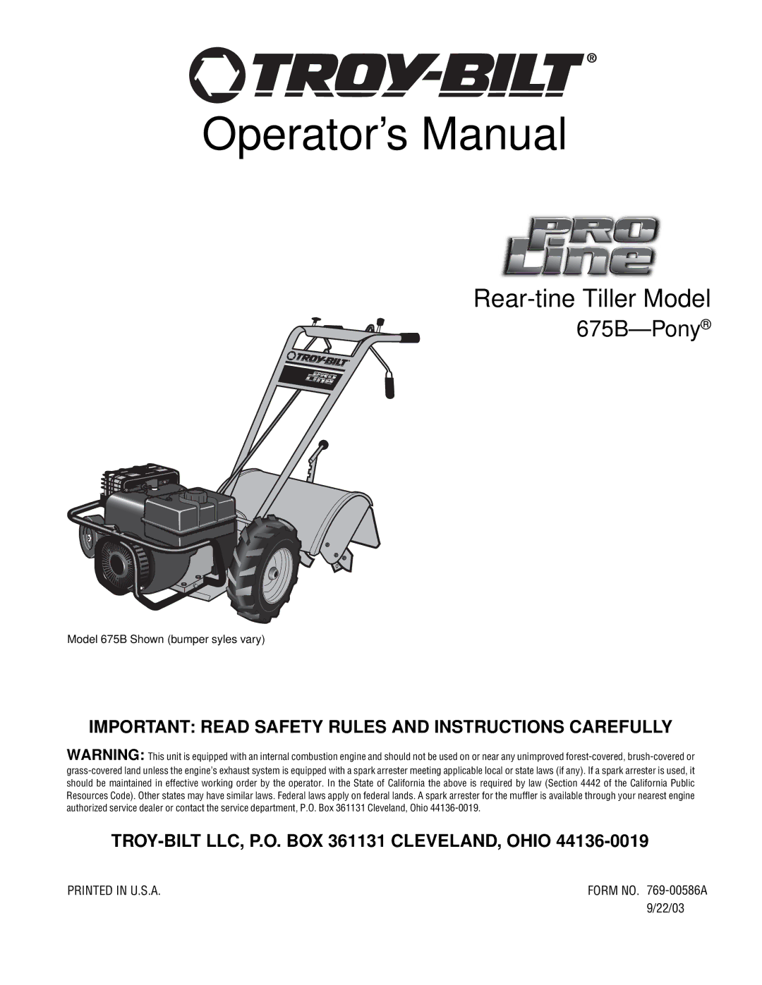 Troy-Bilt 675B-Pony manual Form no -00586A, 22/03 