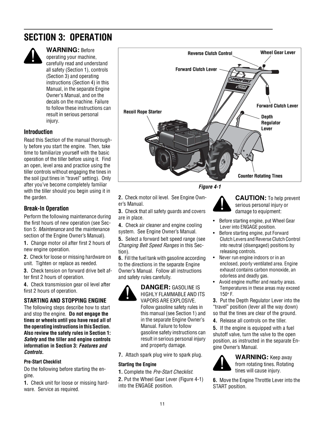 Troy-Bilt 675B-Pony manual Introduction, Break-In Operation, Pre-Start Checklist, Starting the Engine 