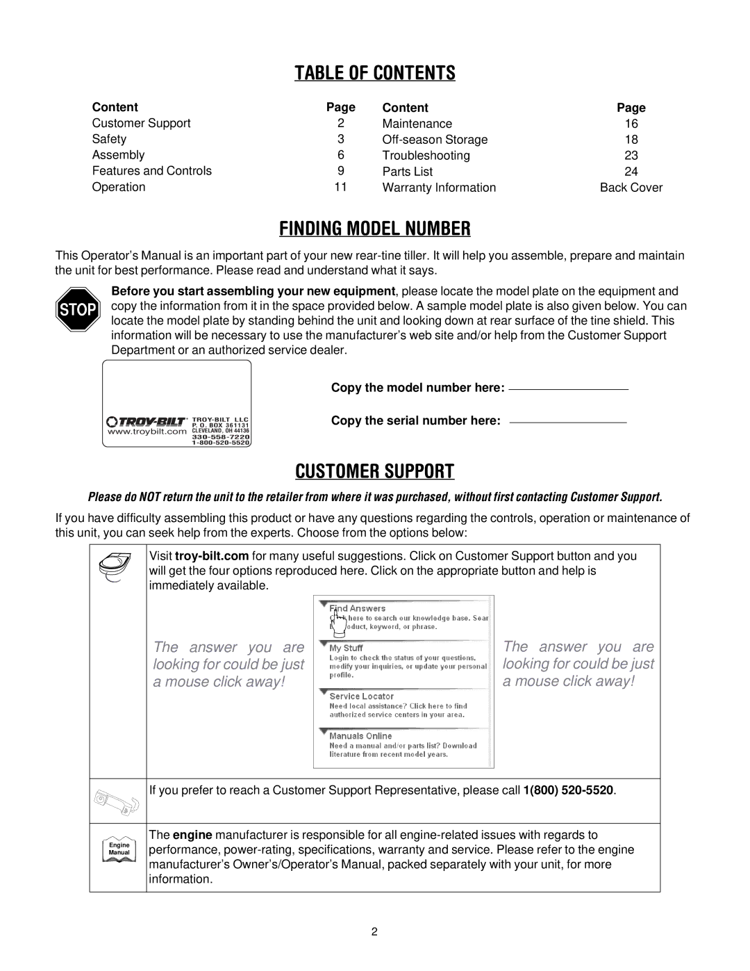 Troy-Bilt 675B-Pony manual Table of Contents, Finding Model Number, Customer Support 