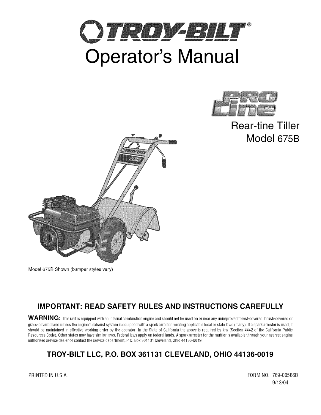 Troy-Bilt 675B manual Formno -00586B, 13/04 