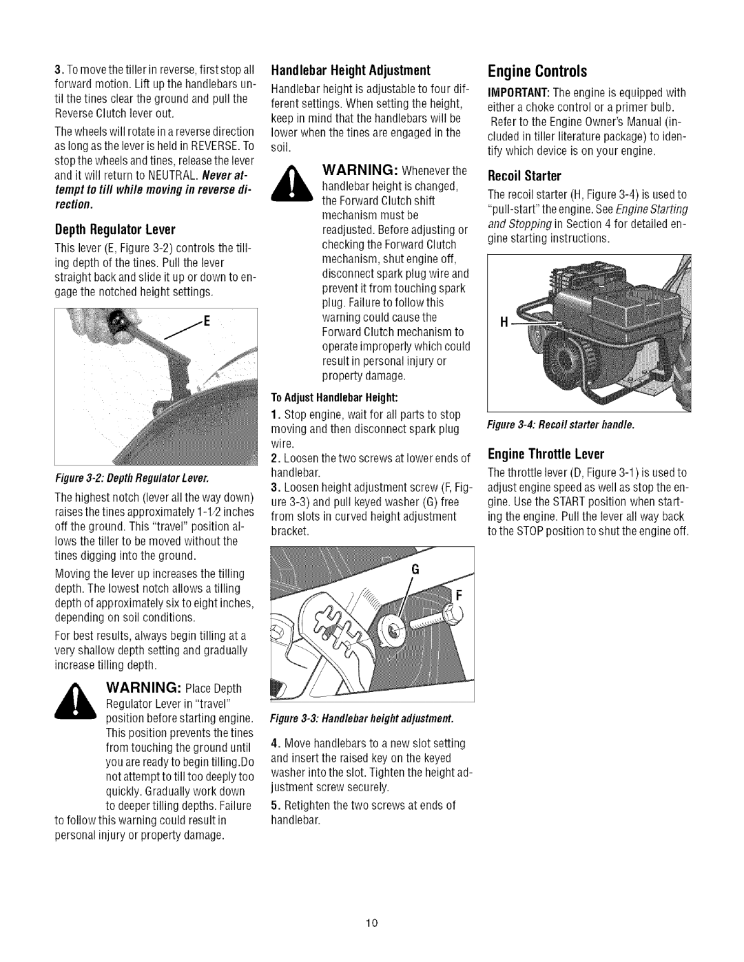 Troy-Bilt 675B manual EngineControls, DepthRegulatorLever, Recoil Starter, To AdjustHandlebarHeight, EngineThrottle Lever 