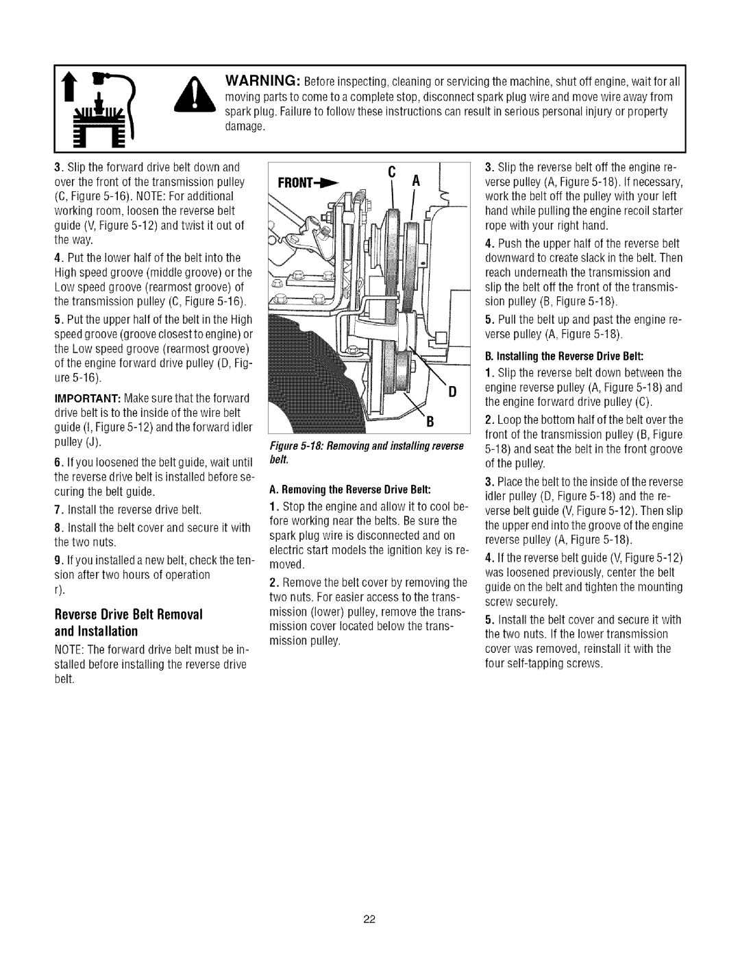 Troy-Bilt 675B manual Reverse Drive Belt Removal, Removingthe ReverseDriveBelt, Installingthe ReverseDriveBelt 