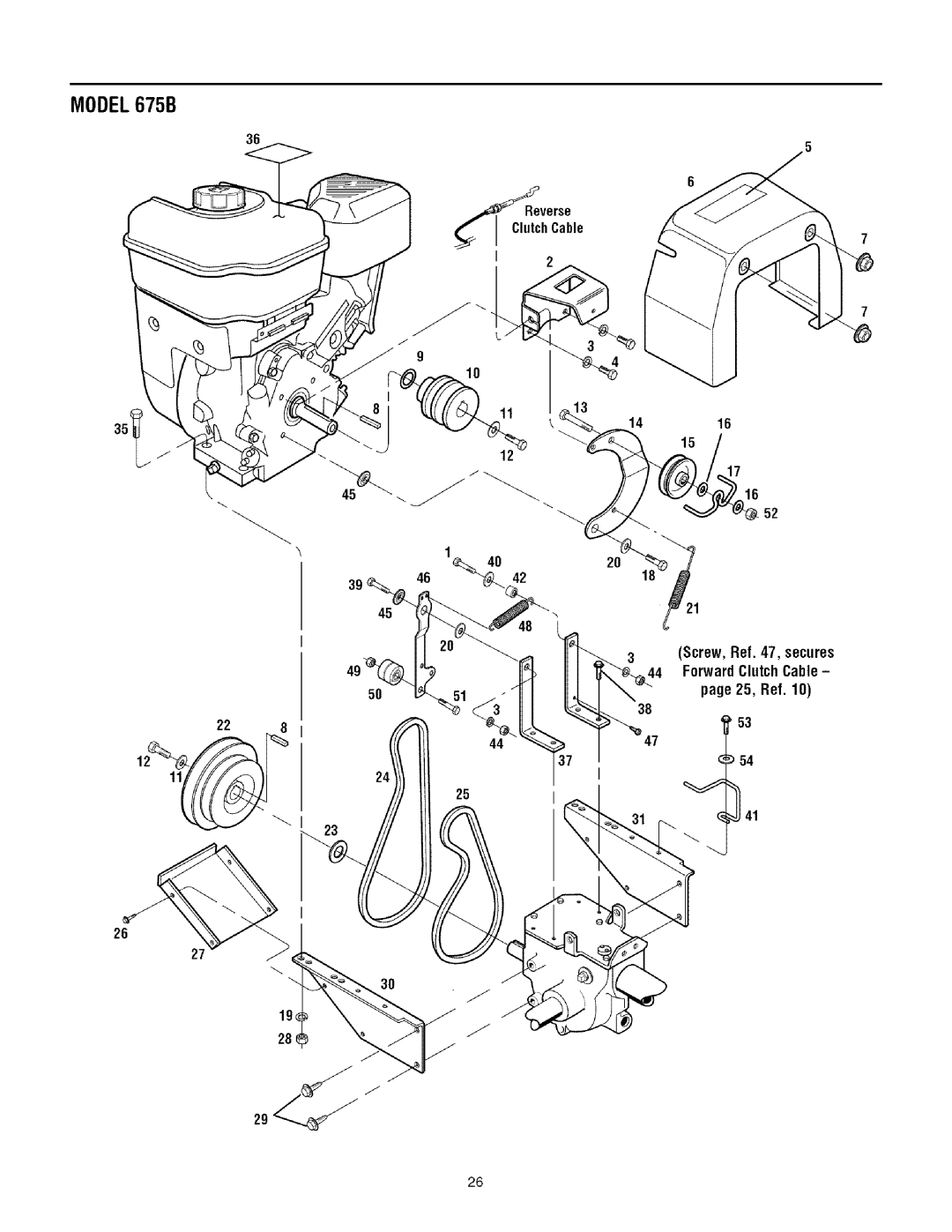 Troy-Bilt 675B manual Reve rse, Screw, Ref , secures, ForwardClutchCable, 25, Ref, 19¢ 