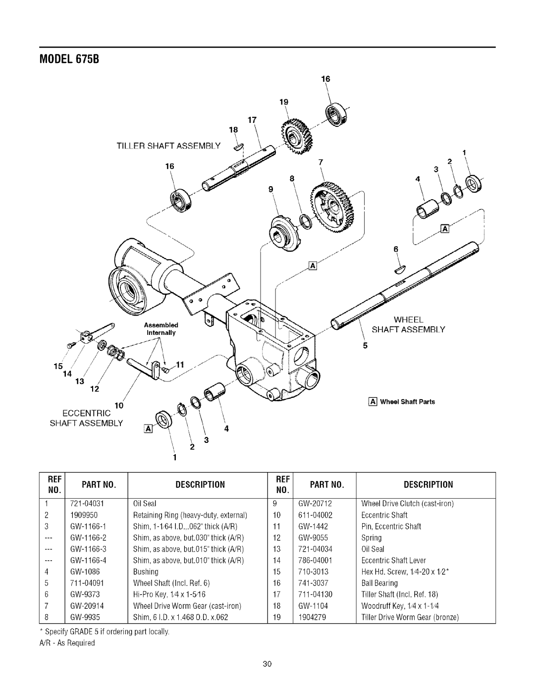 Troy-Bilt 675B manual OilSeal, Shim,1-1J64I.D.,.O62thickA/R, Shim,asabove,but.OlOthickA/R, WheelShaftIncl.Ref.6 