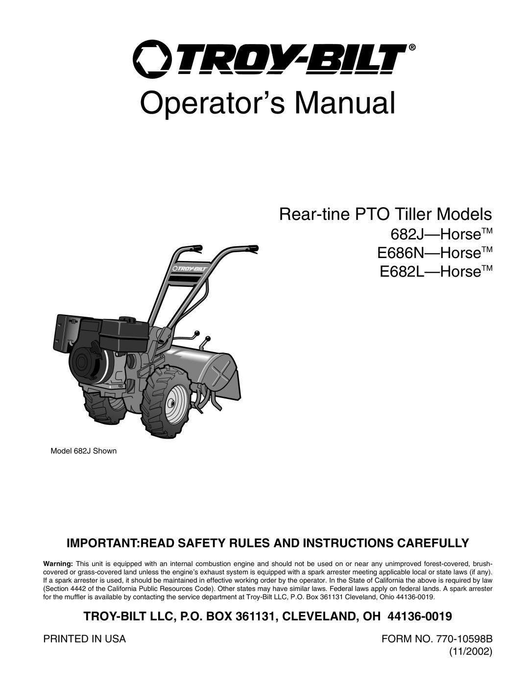 Troy-Bilt E682L, 682J manual Operator’s Manual 