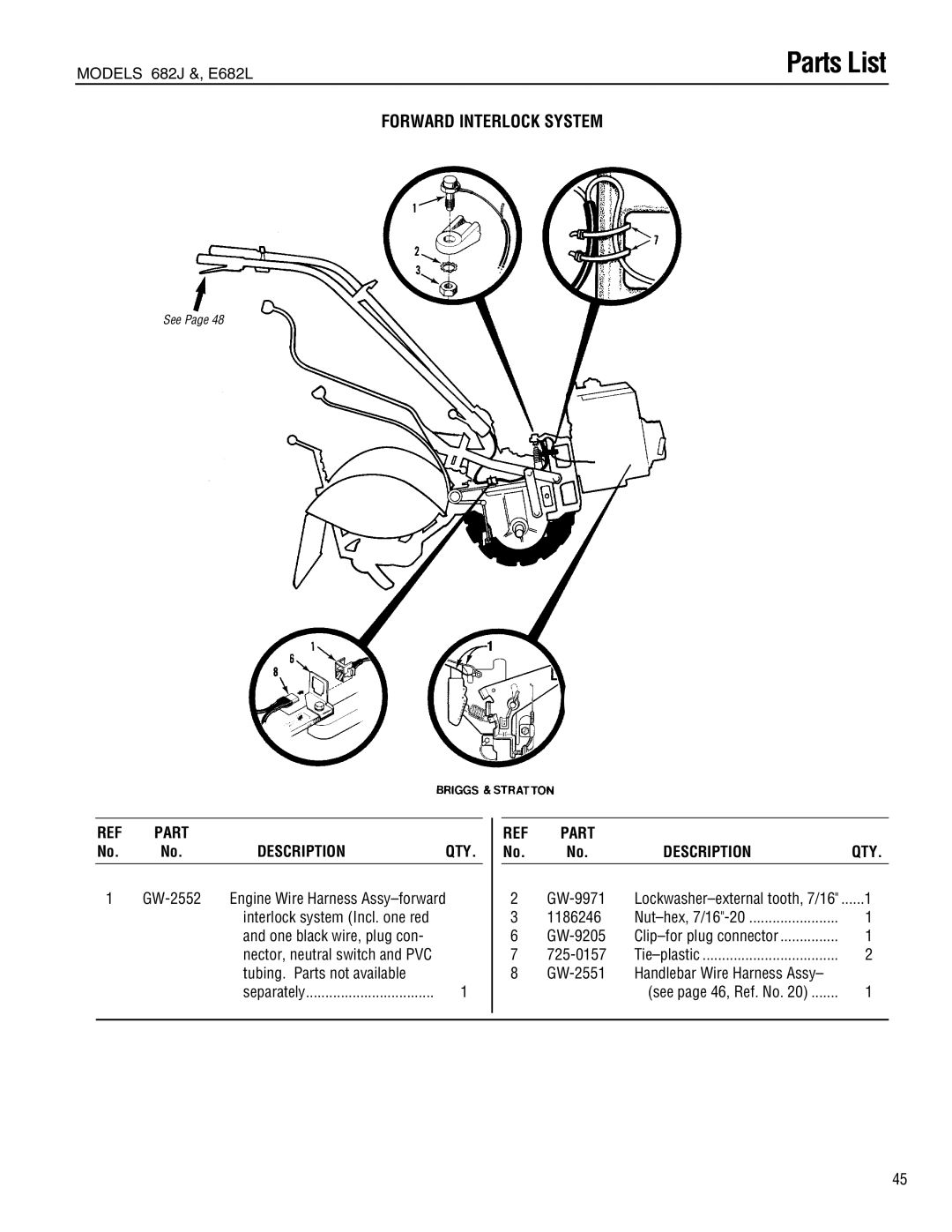 Troy-Bilt manual Forward Interlock System, Models 682J &, E682L, Description QTY, 1186246, 725-0157 