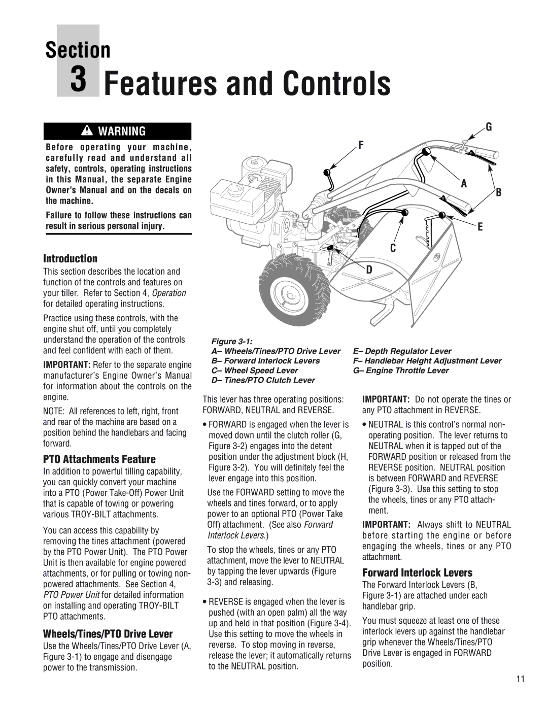 Troy-Bilt E682L, 682J, E686N manual PTO Attachments Feature, Wheels/Tines/PTO Drive Lever, Forward Interlock Levers, Engine 