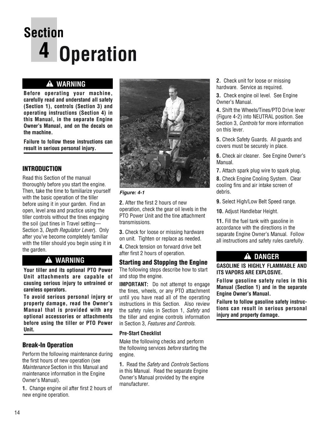 Troy-Bilt E682L, 682J, E686N manual Break-In Operation, Starting and Stopping the Engine, Pre-Start Checklist 