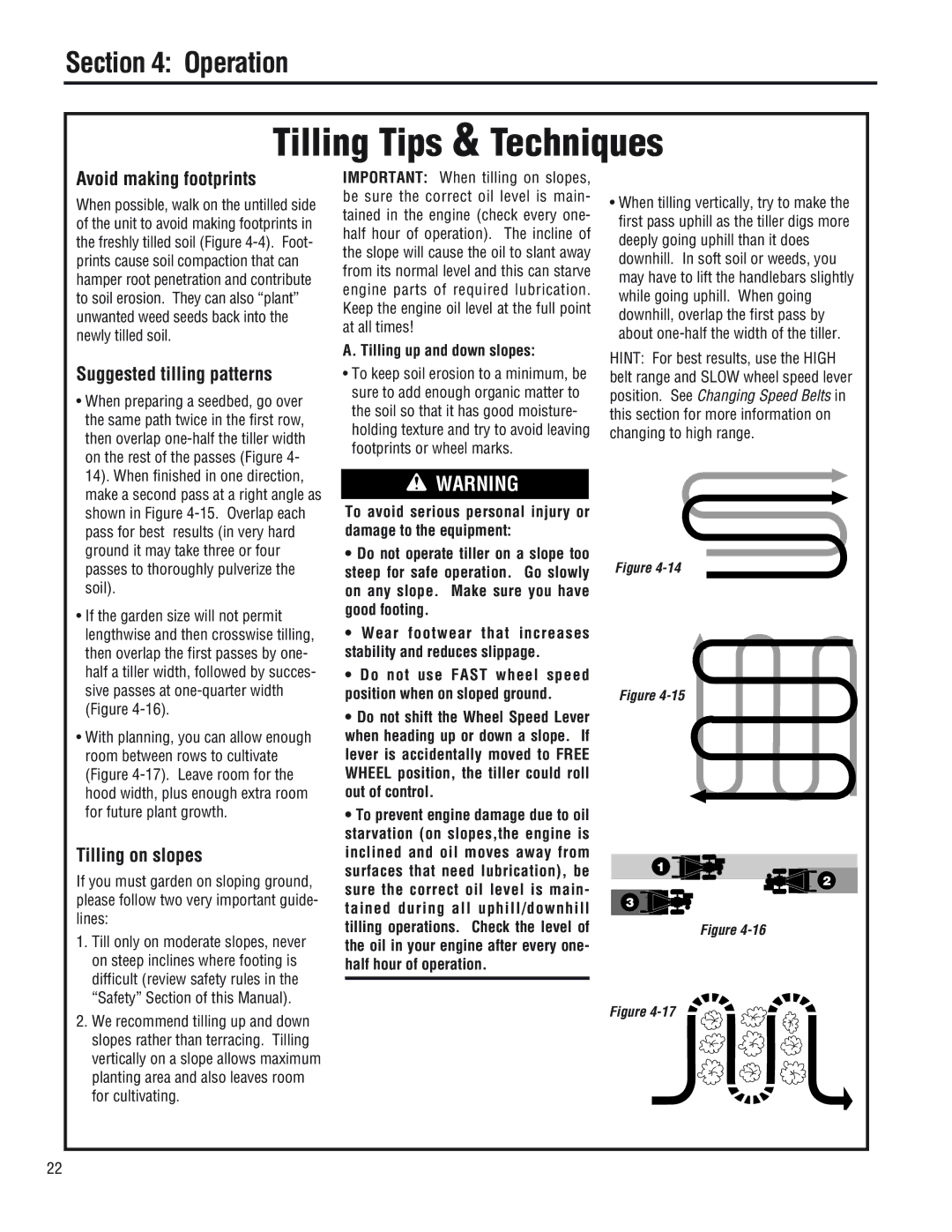 Troy-Bilt E686N, 682J Avoid making footprints, Suggested tilling patterns, Tilling on slopes, Tilling up and down slopes 