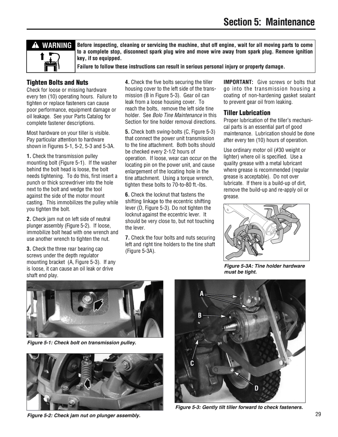 Troy-Bilt E682L, 682J, E686N manual Maintenance, Tighten Bolts and Nuts, Tiller Lubrication 