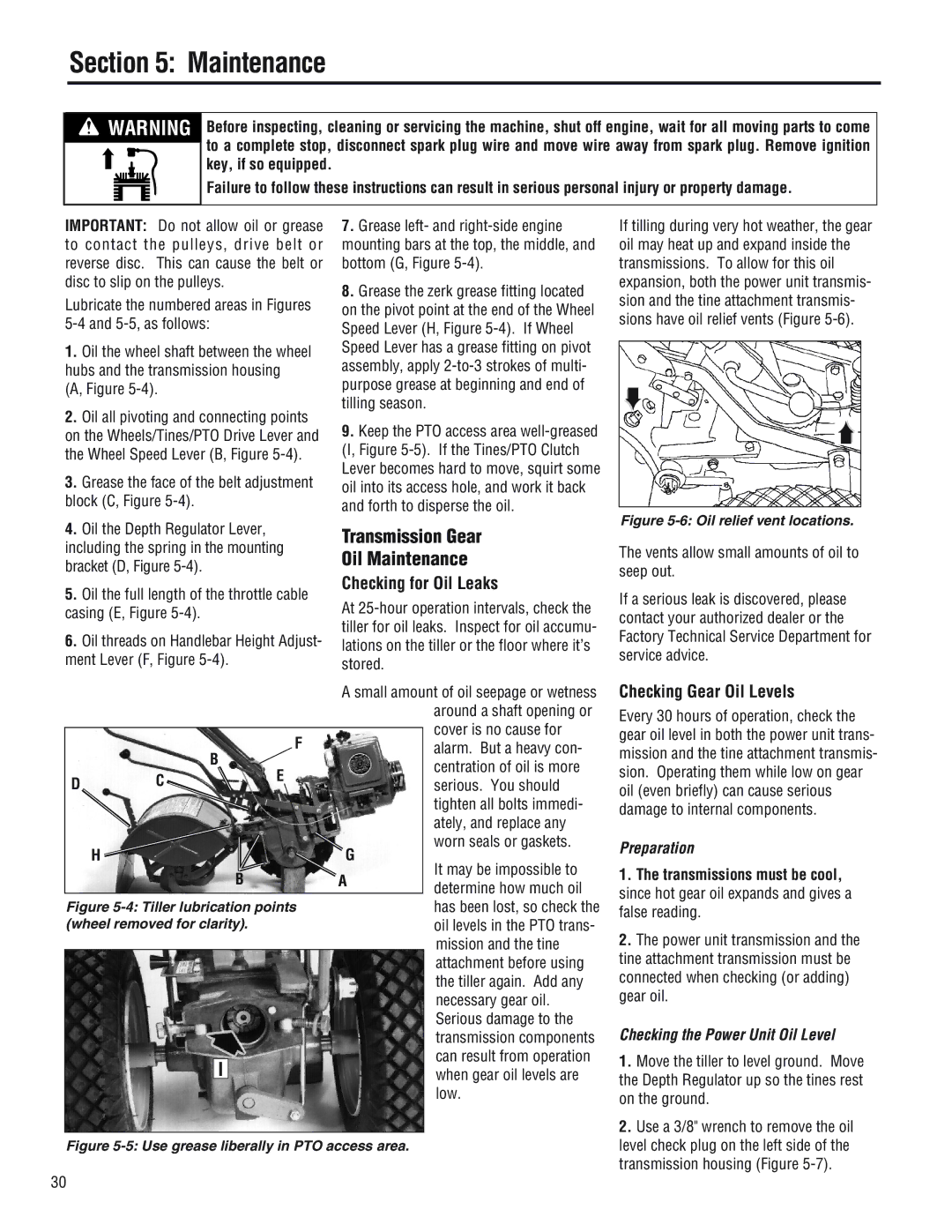 Troy-Bilt 682J, E686N Transmission Gear Oil Maintenance, Checking for Oil Leaks, Checking Gear Oil Levels, Preparation 