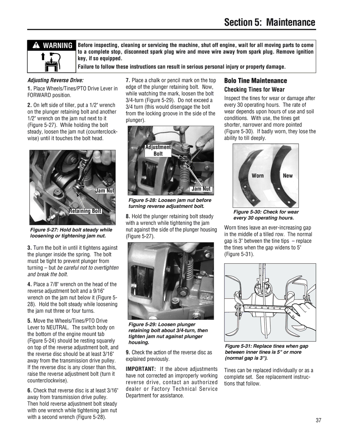 Troy-Bilt E686N, 682J, E682L manual Bolo Tine Maintenance, Checking Tines for Wear, Adjusting Reverse Drive 