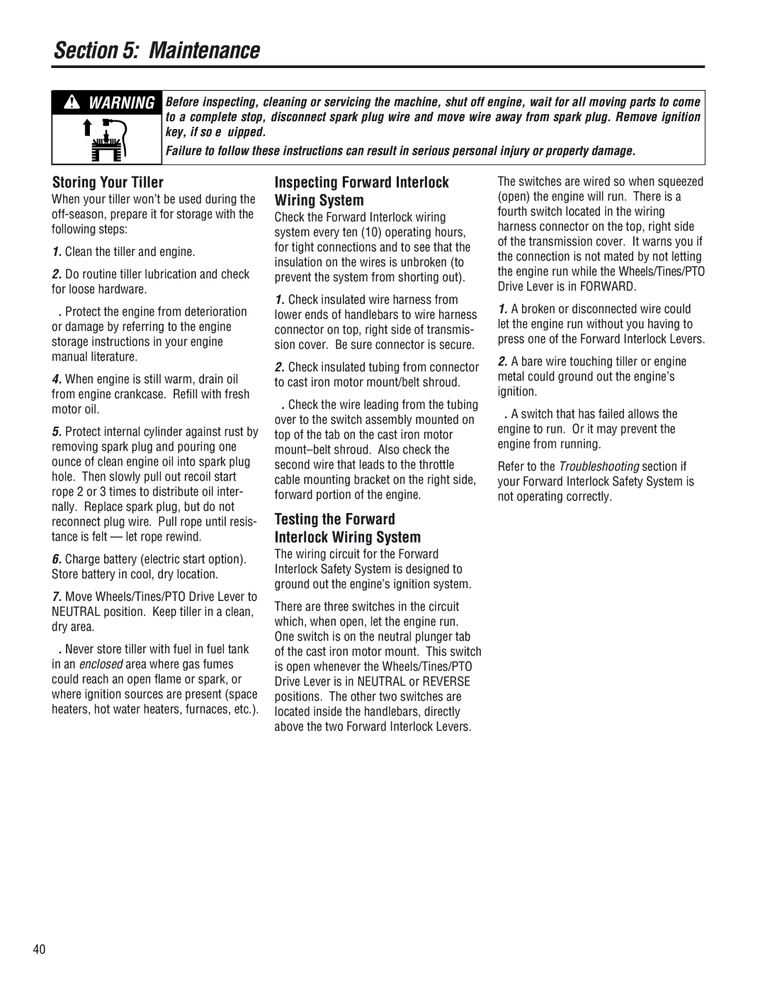 Troy-Bilt E686N, 682J, E682L manual Storing Your Tiller, Inspecting Forward Interlock Wiring System 