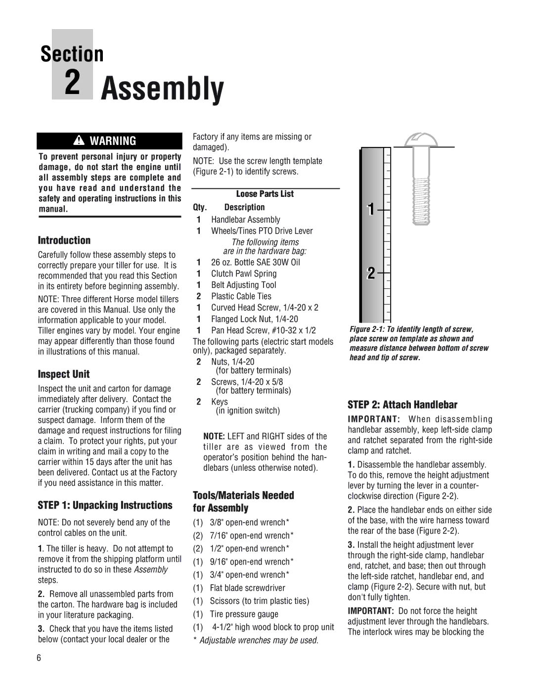 Troy-Bilt 682J Introduction, Inspect Unit, Attach Handlebar, Unpacking Instructions, Tools/Materials Needed for Assembly 