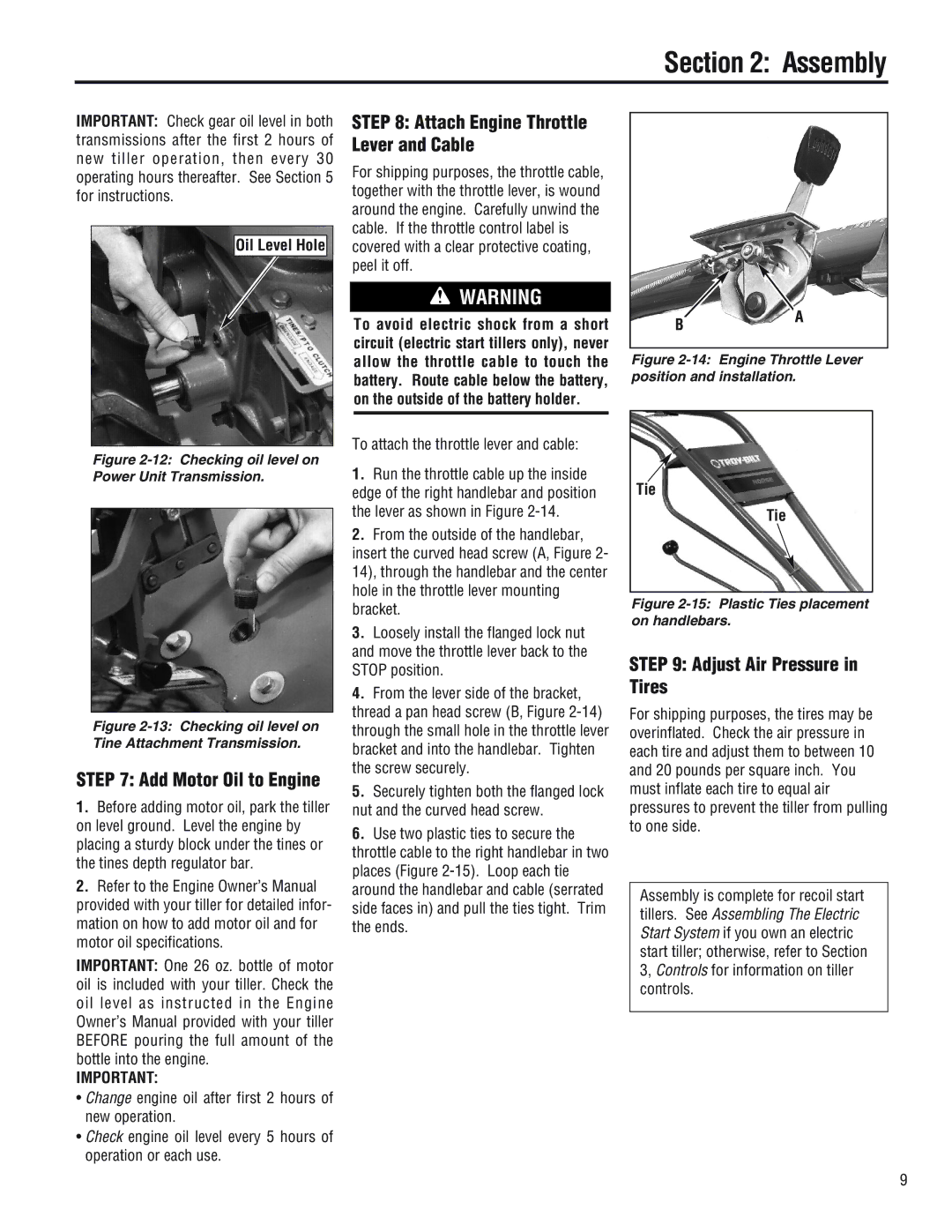 Troy-Bilt 682J, E686N Attach Engine Throttle Lever and Cable, Adjust Air Pressure in Tires, Add Motor Oil to Engine, Tie 