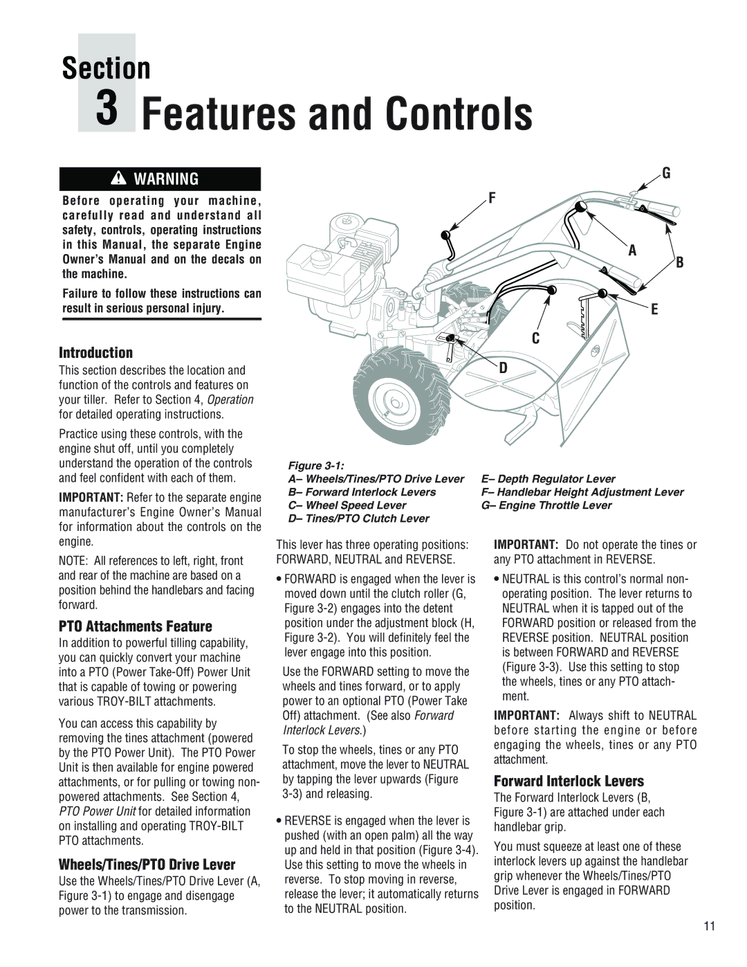 Troy-Bilt 682J, E686N, E682L manual PTO Attachments Feature, Wheels/Tines/PTO Drive Lever, Forward Interlock Levers, Engine 