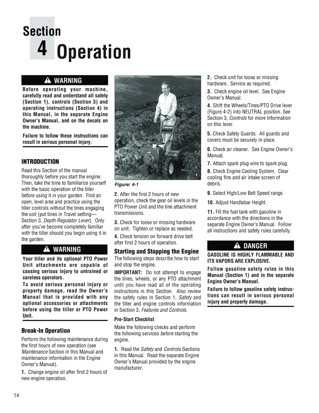 Troy-Bilt 682J, E686N, E682L manual Break-In Operation, Starting and Stopping the Engine, Pre-Start Checklist 