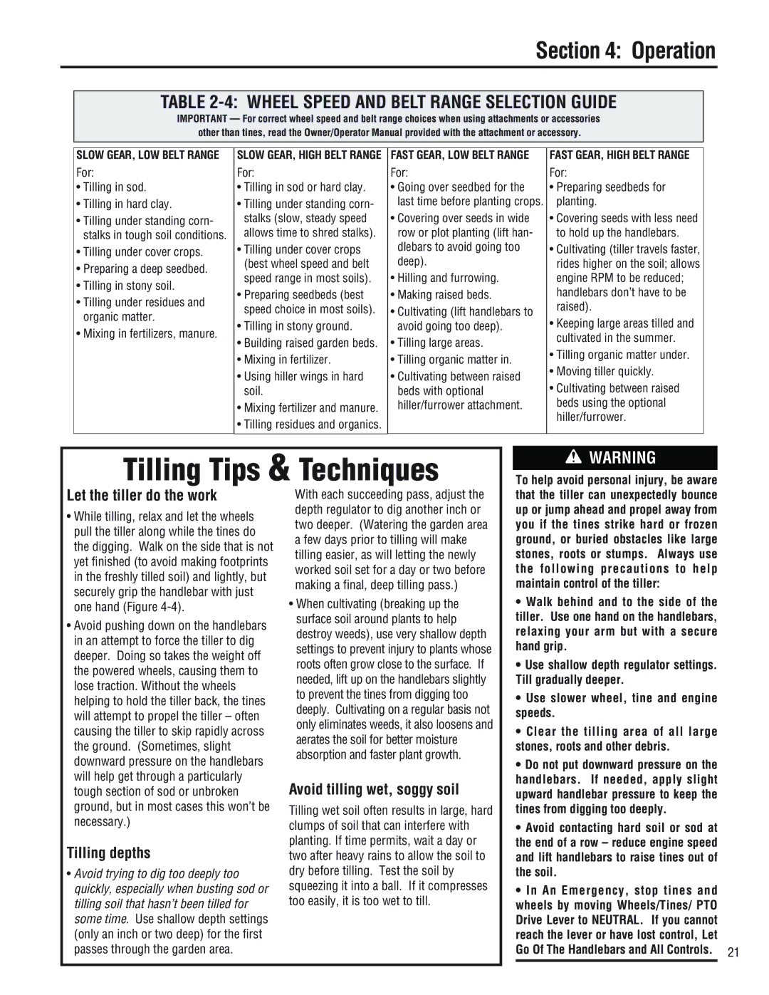 Troy-Bilt 682J, E686N, E682L manual Let the tiller do the work, Tilling depths, Avoid tilling wet, soggy soil 