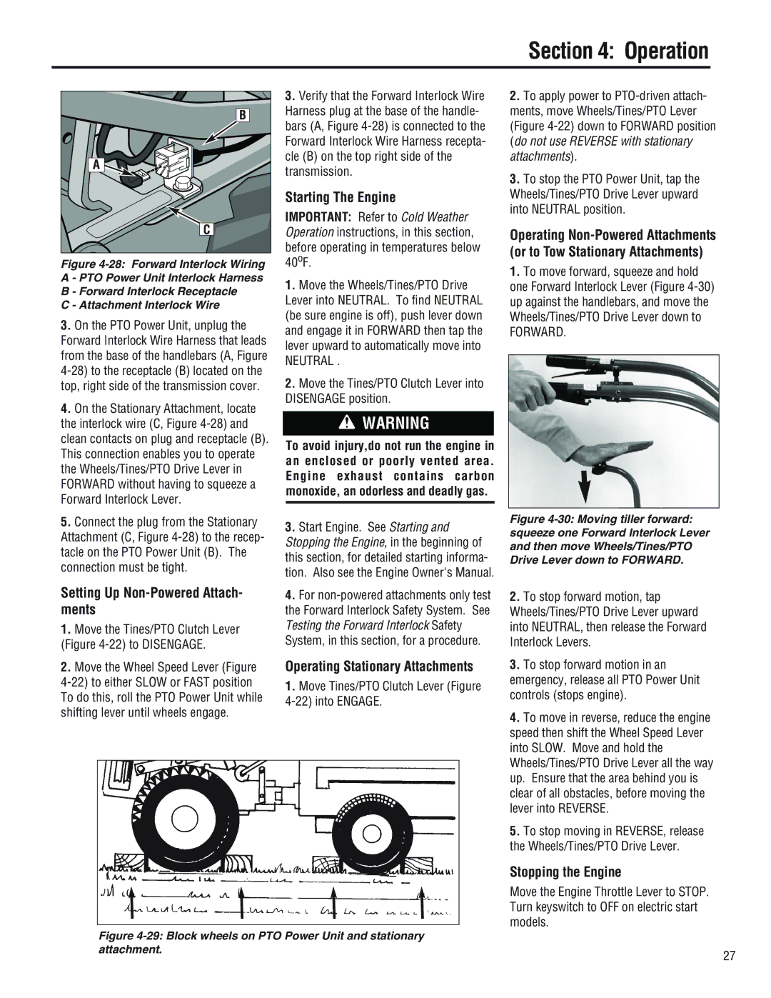 Troy-Bilt 682J, E686N, E682L Setting Up Non-Powered Attach- ments, Starting The Engine, Operating Stationary Attachments 