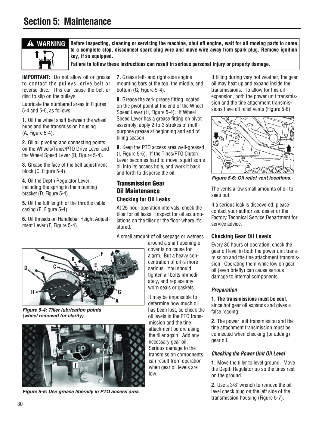 Troy-Bilt 682J, E686N, E682L manual Transmission Gear Oil Maintenance, Checking for Oil Leaks, Checking Gear Oil Levels 