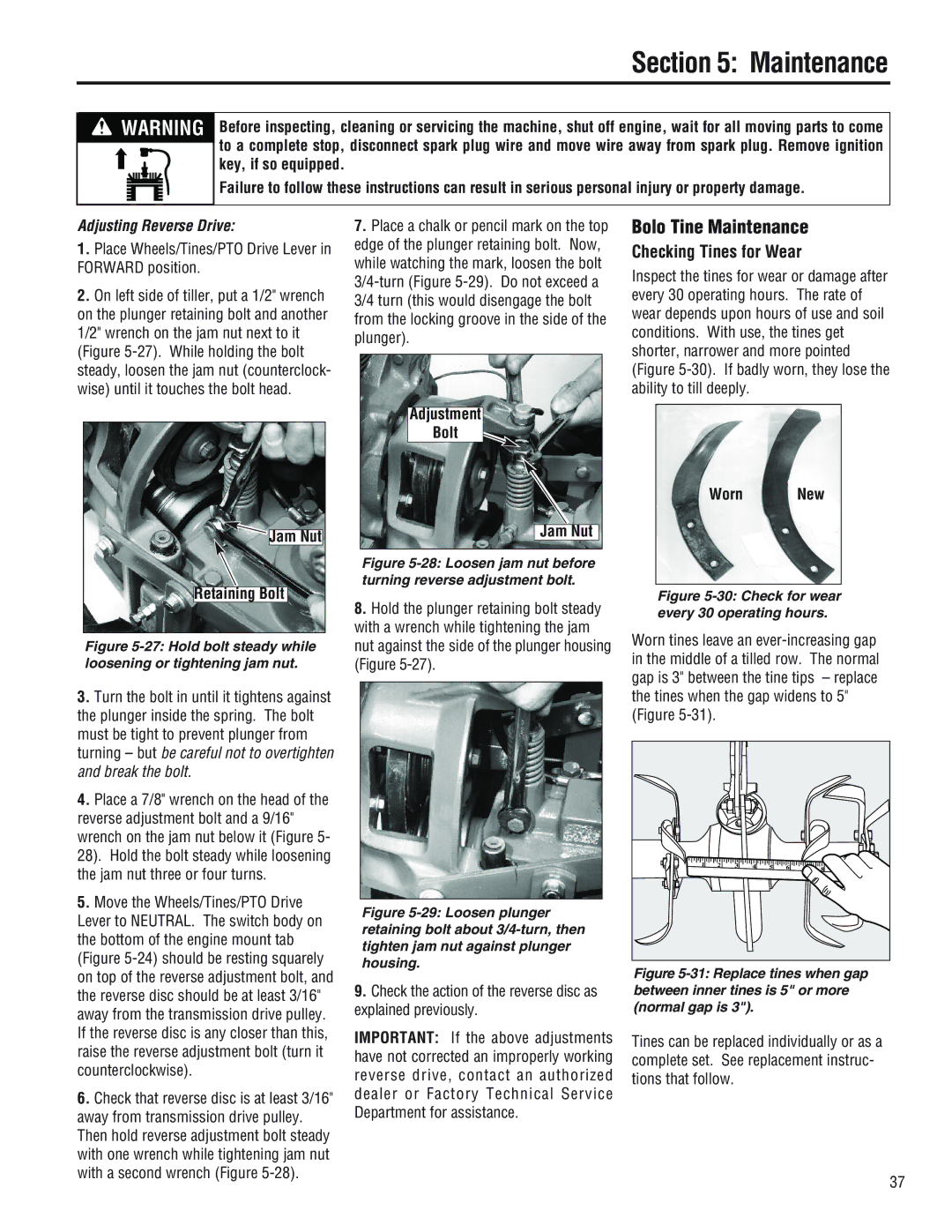 Troy-Bilt 682J, E686N, E682L manual Bolo Tine Maintenance, Checking Tines for Wear, Adjusting Reverse Drive 