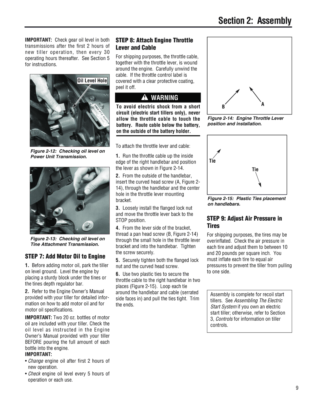 Troy-Bilt 682J, E686N, E682L Attach Engine Throttle Lever and Cable, Adjust Air Pressure in Tires, Add Motor Oil to Engine 