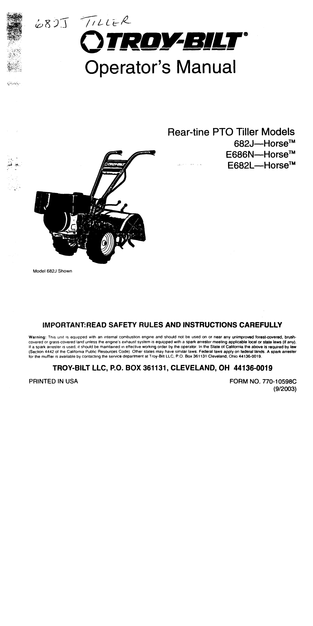 Troy-Bilt E686N, 682J manual Importantread Safety Rules And Instructions Carefully, Printed In Usa, FORM NO. 770-10598D 