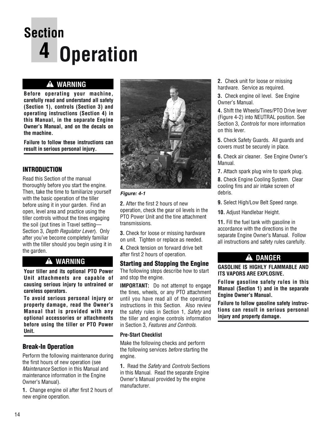 Troy-Bilt E682L, 682J Introduction, Break-In Operation, Starting and Stopping the Engine, Pre-Start Checklist, Section 
