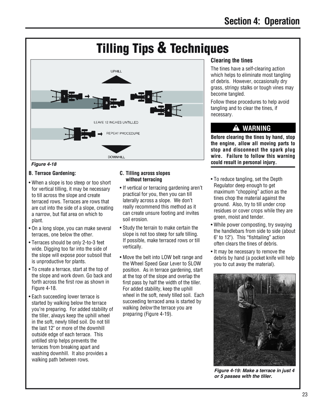 Troy-Bilt E682L, 682J, E686N manual Clearing the tines, B. Terrace Gardening, Tilling Tips & Techniques, Operation 