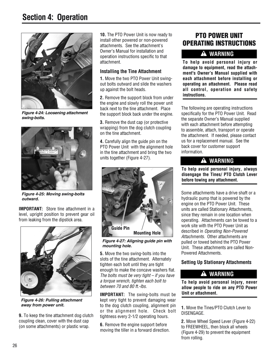 Troy-Bilt E682L Pto Power Unit Operating Instructions, Installing the Tine Attachment, Setting Up Stationary Attachments 