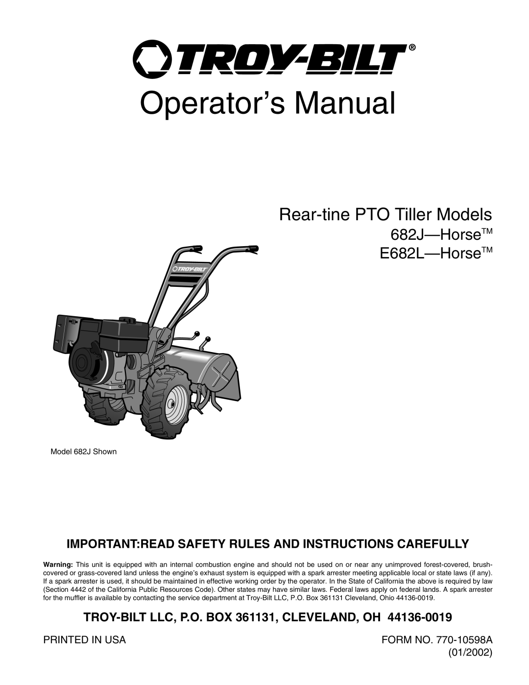 Troy-Bilt E682J-Horse manual Importantread Safety Rules And Instructions Carefully, Printed In Usa, FORM NO. 770-10598A 